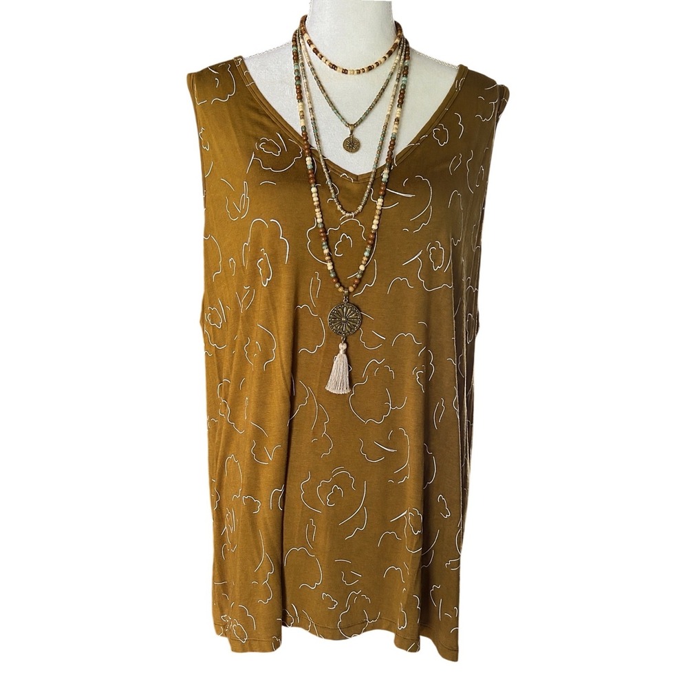 Nine West Tank Top Rayon Blend 3X Mustard Yellow Excellent Boho Floral